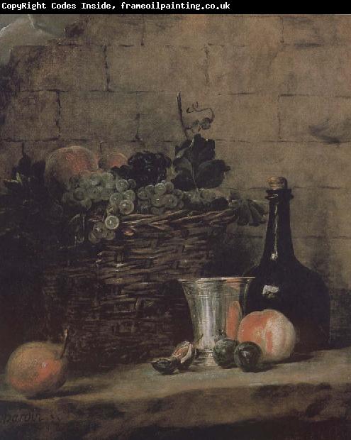 Jean Baptiste Simeon Chardin Silver wine bottle grapes peaches plums and pears
